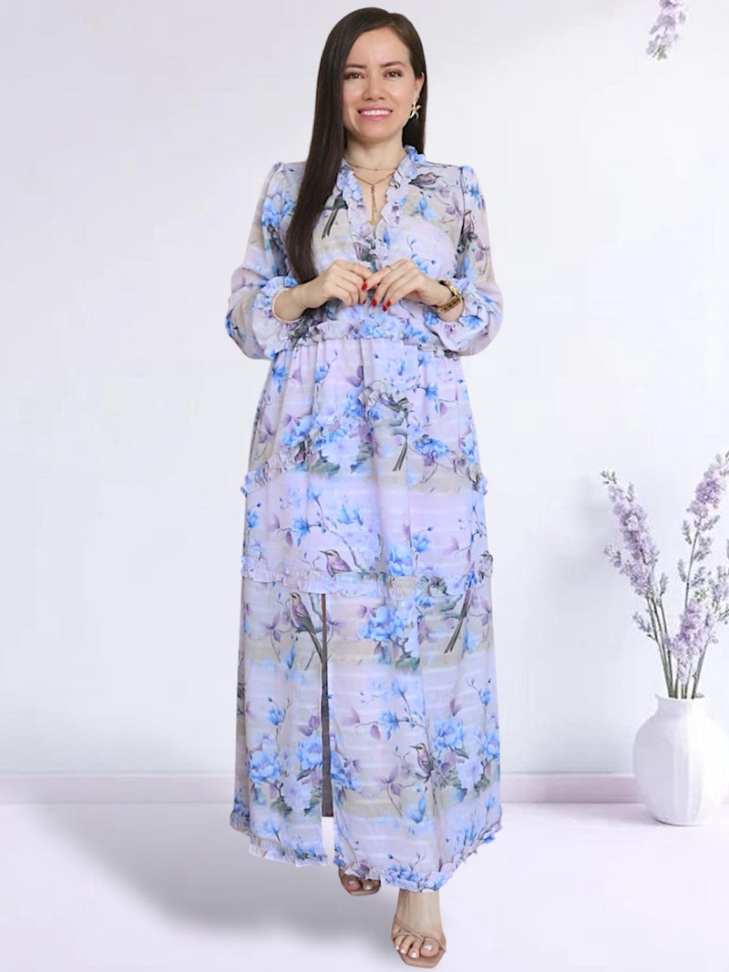 MAXIVESTIDO FULL BOBOS CON PRETINA ESTAMPADO LILA