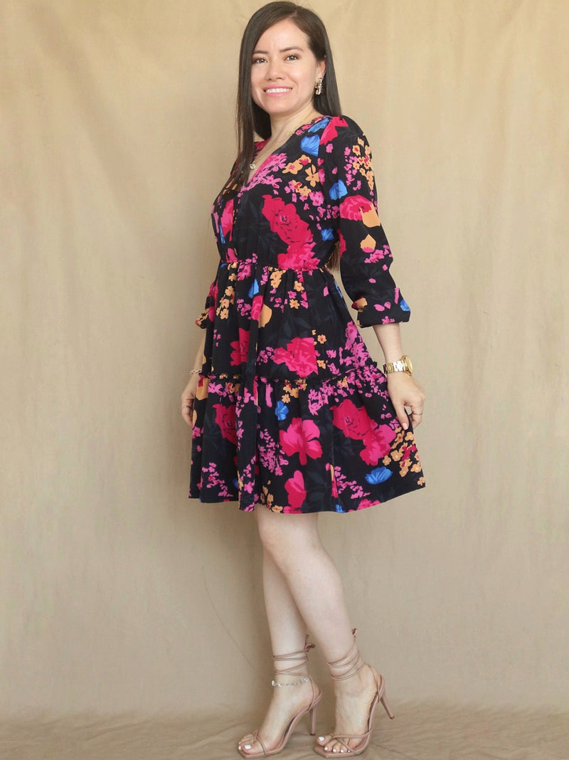VESTIDO CORTO 2 TIEMPOS ESTAMPADO NEGRO