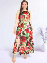 MAXIVESTIDO CUELLO HALTER 2 TIEMPOS ESTAMPADO CREMA