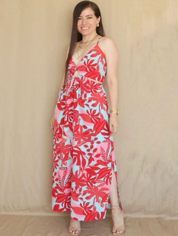MAXIVESTIDO TIRAS HEBILLA FORRADA ESTAMPADO AGUAMARINA