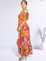 MAXIVESTIDO ESCOTE CORAZÓN 3 TIEMPOS ESTAMPADO MELÓN