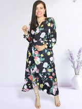 MAXIVESTIDO ENVOLVENTE CON VUELOS ESTAMPADO NEGRO
