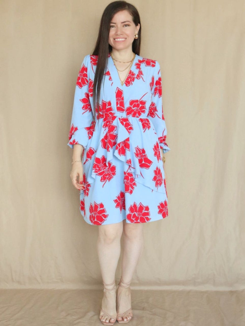 VESTIDO CORTO CAPAS CRUZADAS ESTAMPADO CELESTE