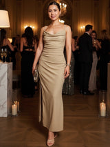MAXIVESTIDO TIRAS PLIEGUES BEIGE BRILLOS