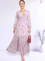 MAXIVESTIDO PRETINA MULTIAGUJA ESTAMPADO LILA