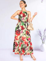 MAXIVESTIDO CUELLO HALTER 2 TIEMPOS ESTAMPADO CREMA