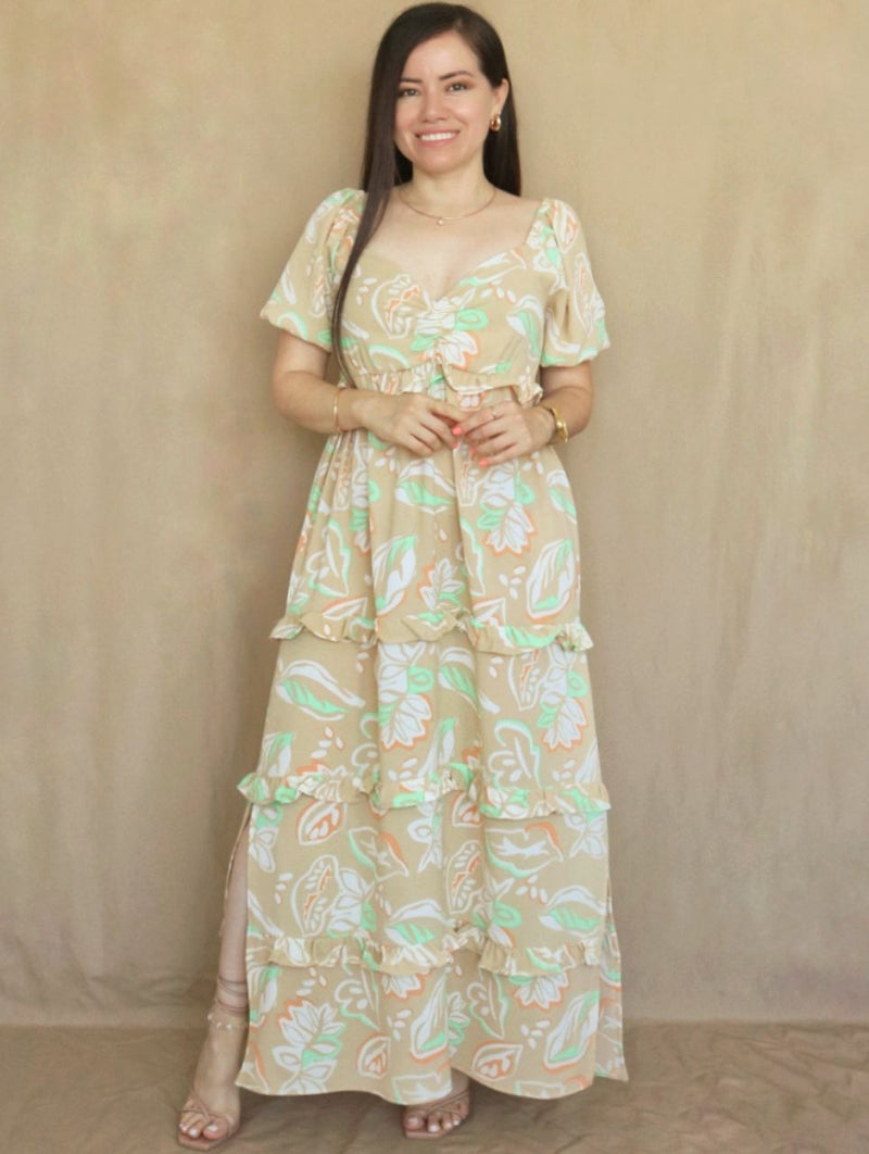 MAXIVESTIDO ESCOTE CORAZÓN CON BOBOS ESTAMPADO BEIGE