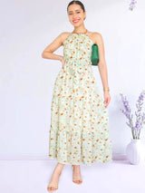 MAXIVESTIDO CUELLO HALTER 3 TIEMPOS ESTAMPADO VERDE